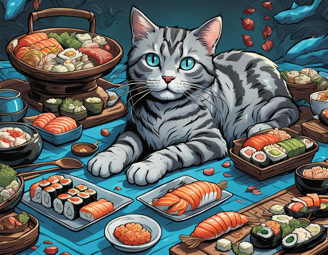 Grey tabby cat loves sushi
