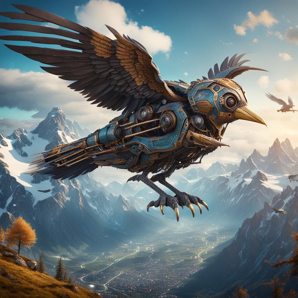 Mechanical Bird Soaring Over Alps in Detailed Painting
