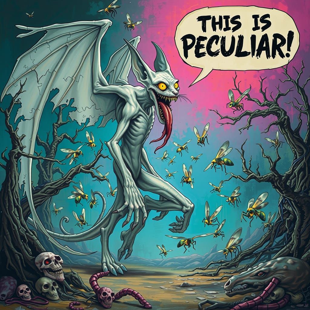 A surreal  tall scrawny decrepit angry snarling hybrid human...