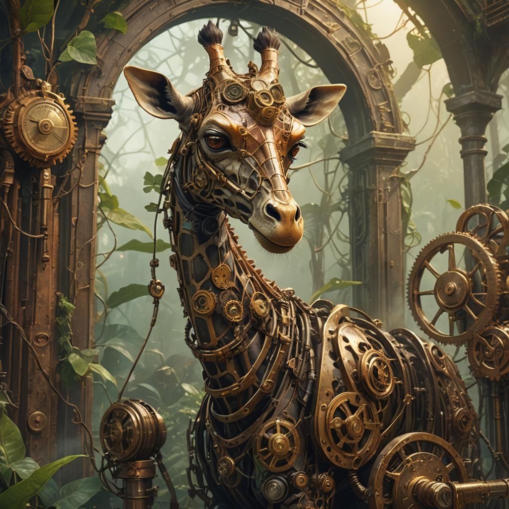 Steampunk Giraffe Exploring Clockwork Jungle Ruins