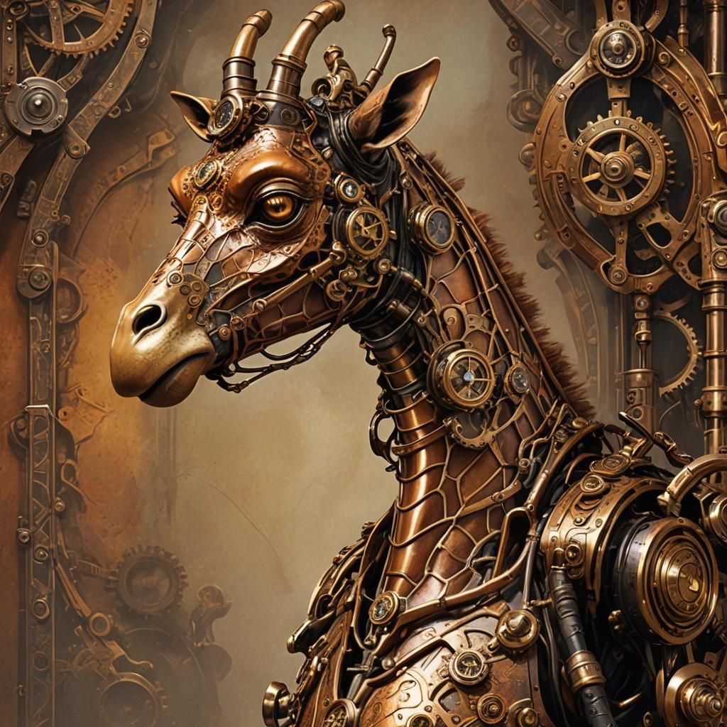 Steampunk Giraffe with Brass Goggles and Copper Armor