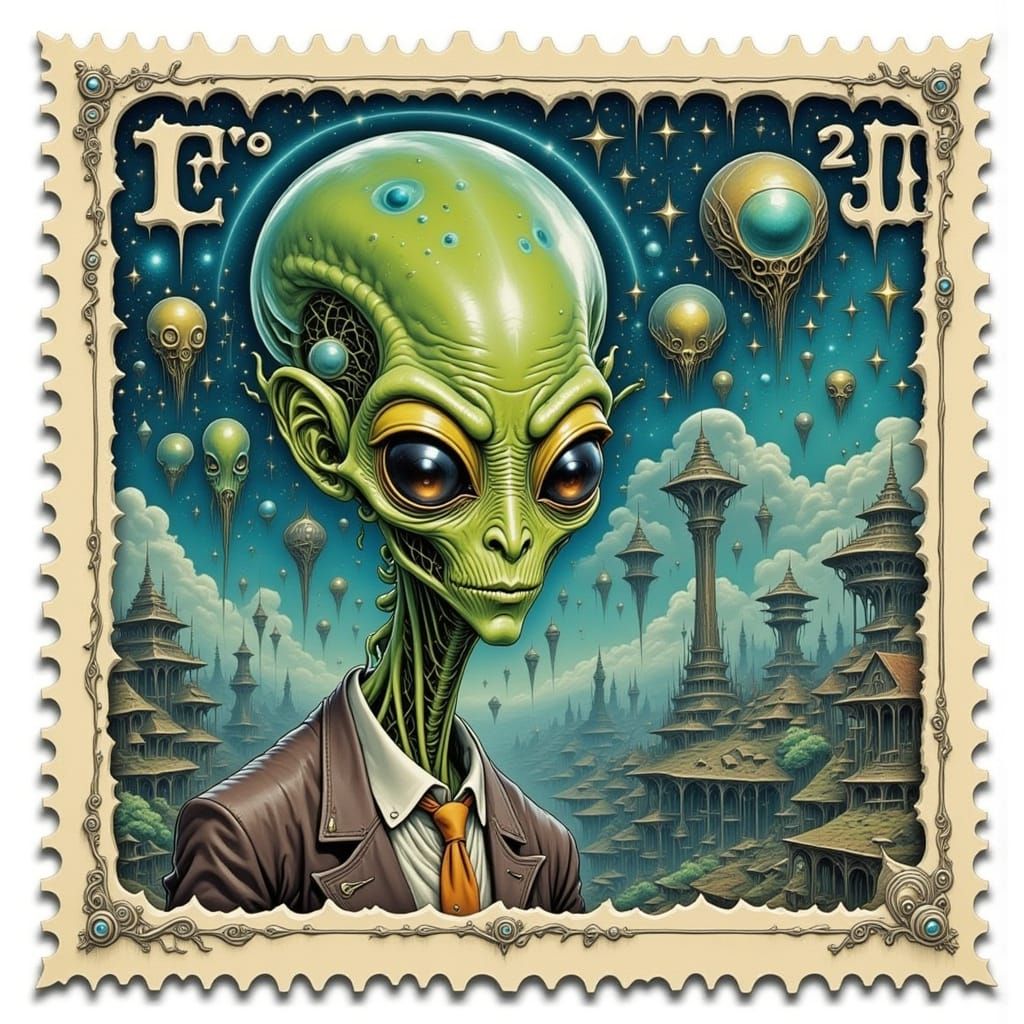 Alien Postage Stamps in Burtonesque Style
