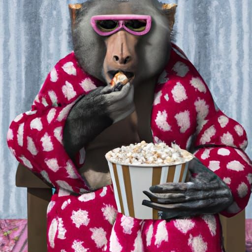 Photorealistic Baboon in Dressing Gown Eating Popcorn