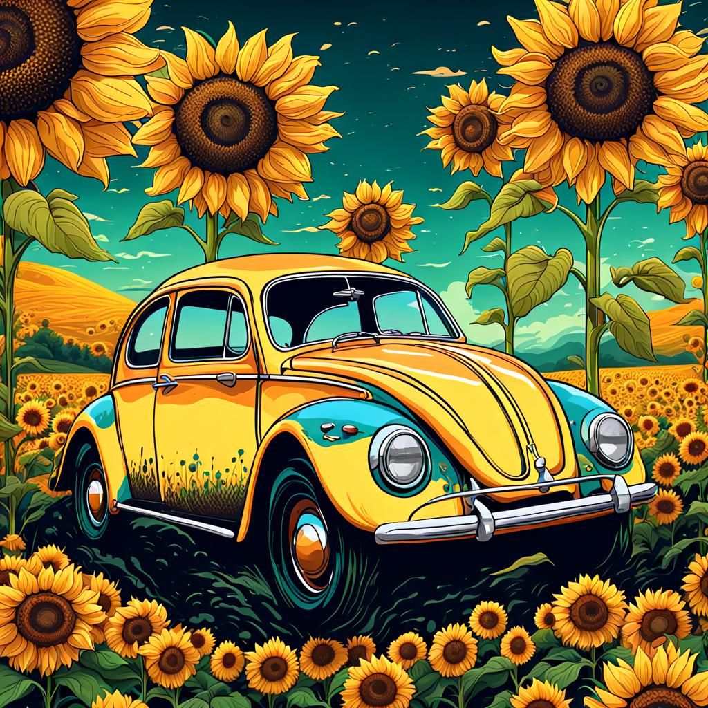 Vintage Car in Sunflower Field: Vector Illustration