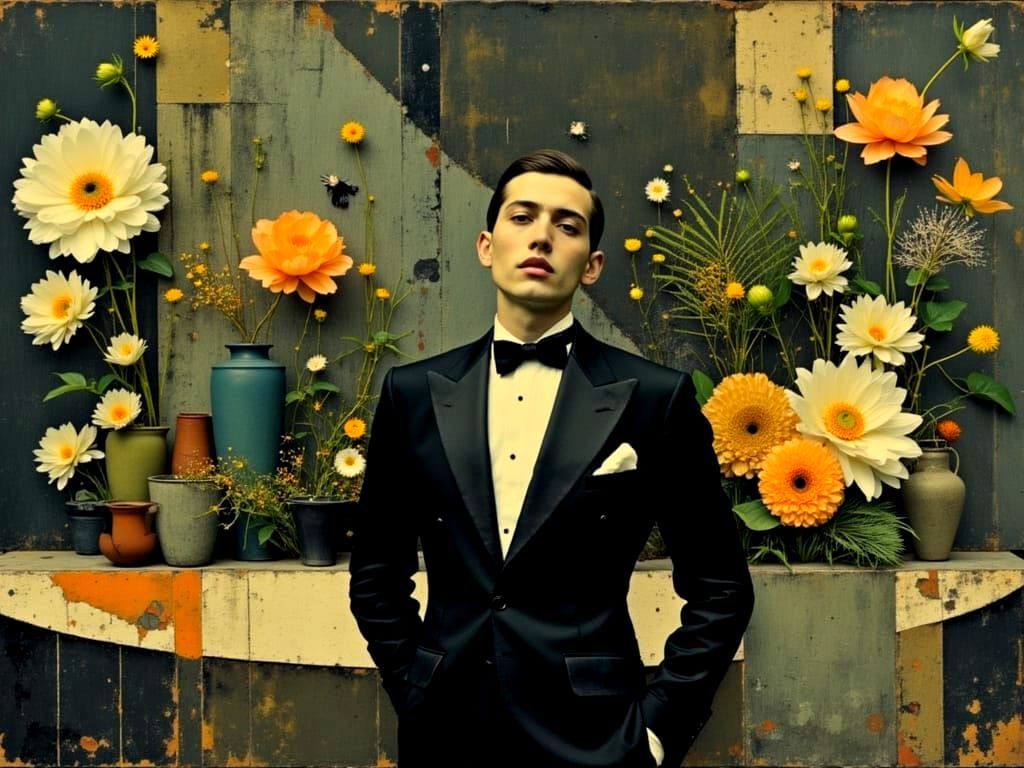 Man Singing in Art Deco Floral Garden