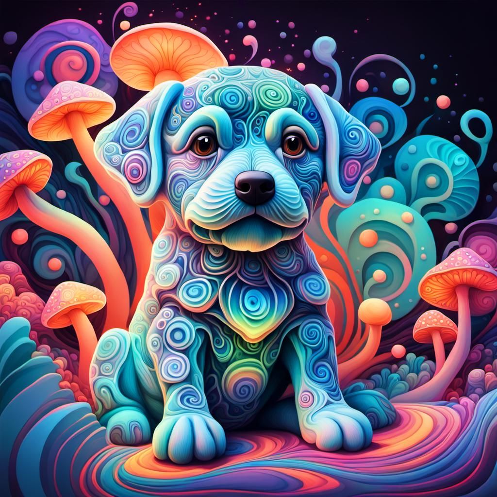 Whimsical Marshmallow Dog Sits on Mushroom in Iridescent Fra...