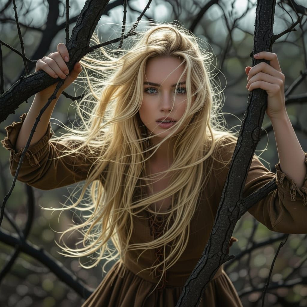 Woman Clinging to Gnarled Branches on Moonless Night