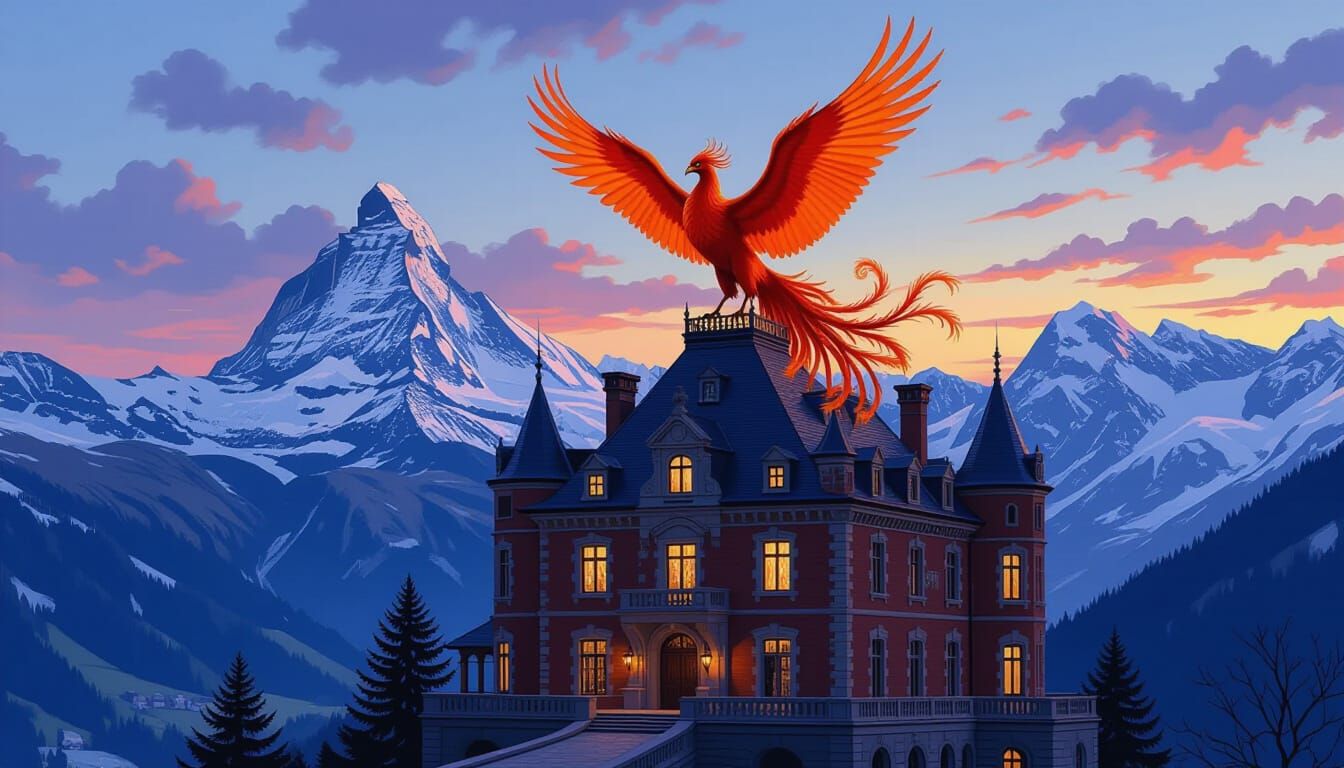 Majestic Obsidian Phoenix on Chateau in Swiss Alps