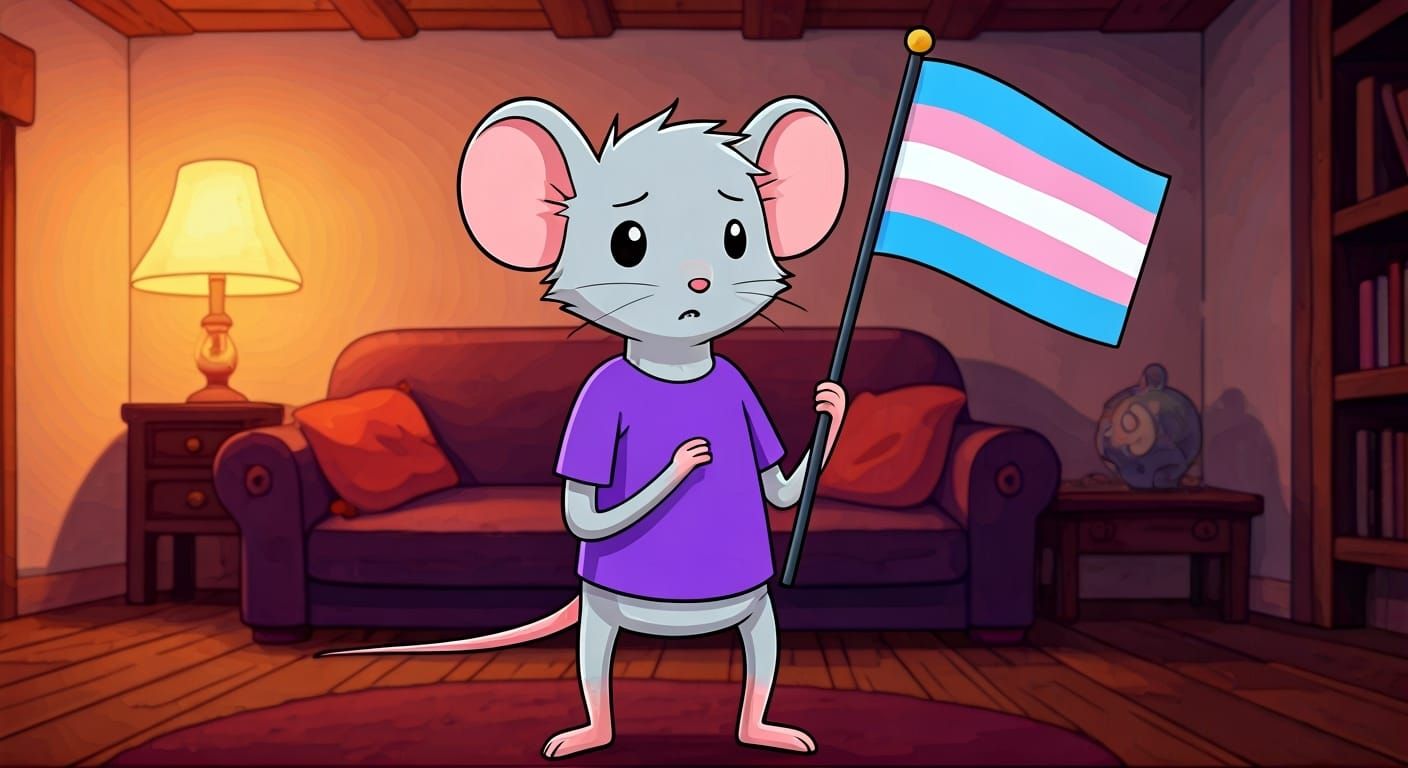 Mouse Holding Transgender Pride Flag in Cartoon Style