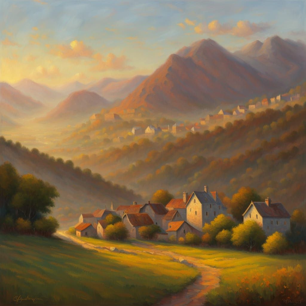 Impressionist Valley Town at Golden Hour