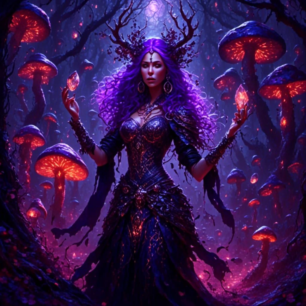 Drow Sorceress in Mystical Mushroom Forest