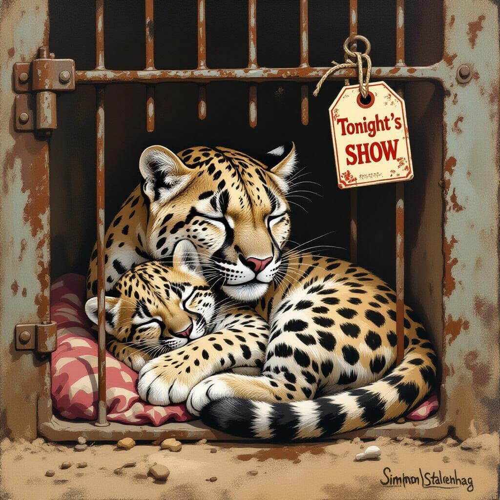 Mother Panther Protects Sleeping Cub in Circus Cage