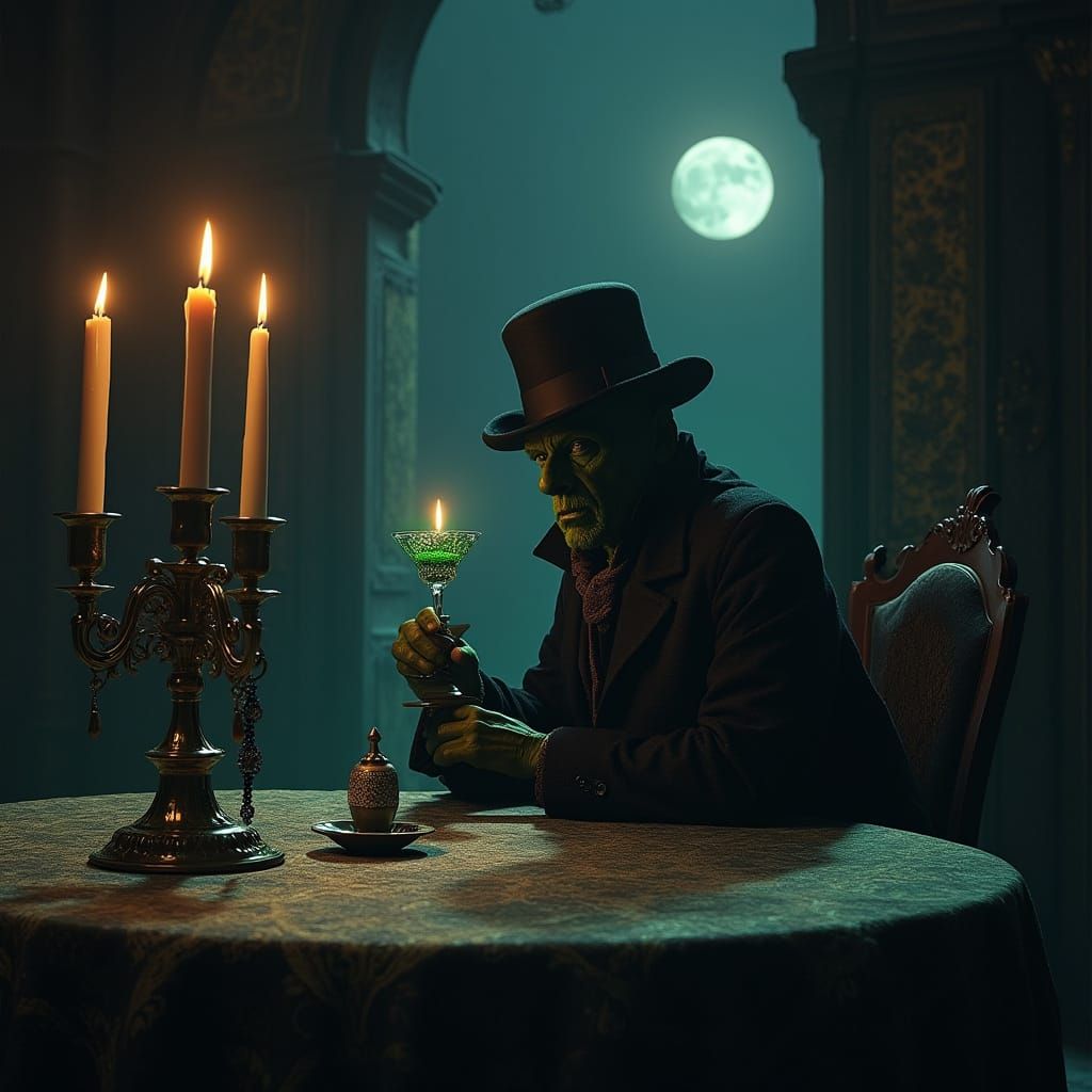 Mysterious Absinthe Connoisseur in Candlelit Splendor