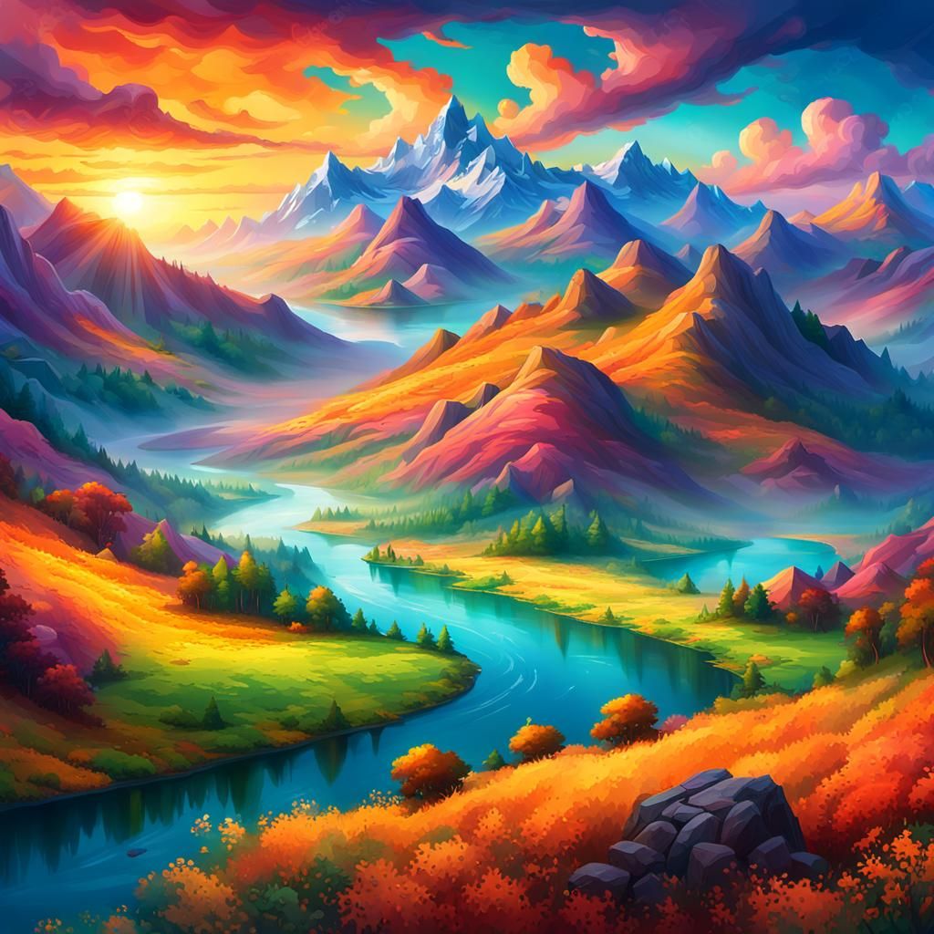 Majestic Mountain Range at Sunrise in Digital Art