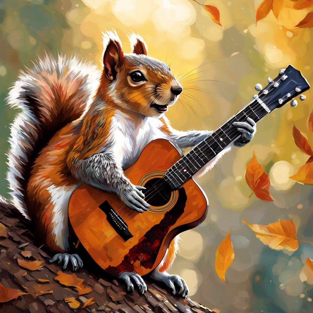 Squirrel Plays Guitar in Golden Hour Impressionist Masterpie...