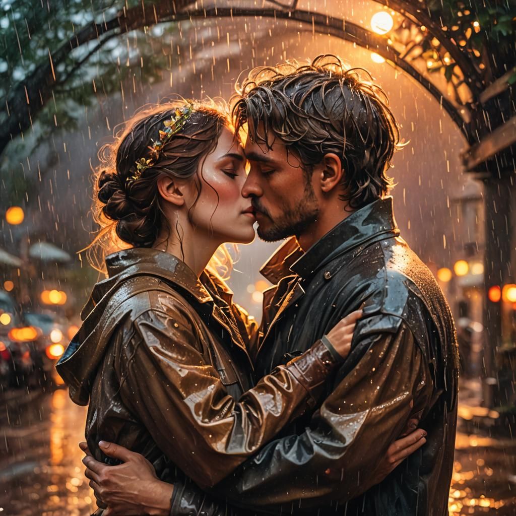 Romantic Sunset Kiss in Art Deco Style