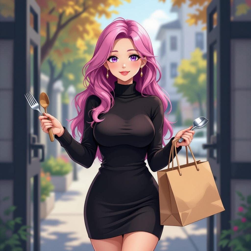 Anime Style Pink Haired Woman Cooking Supplies