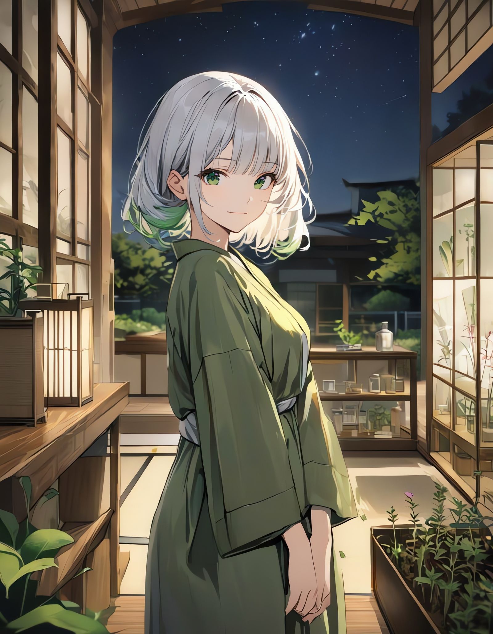 Japanese Girl in Green Kimono Stands in a Nighttime Garden