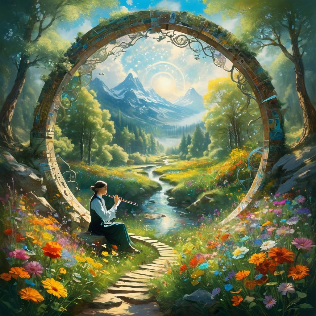 Flutist in Floral Portal, Art Nouveau Oil Painting