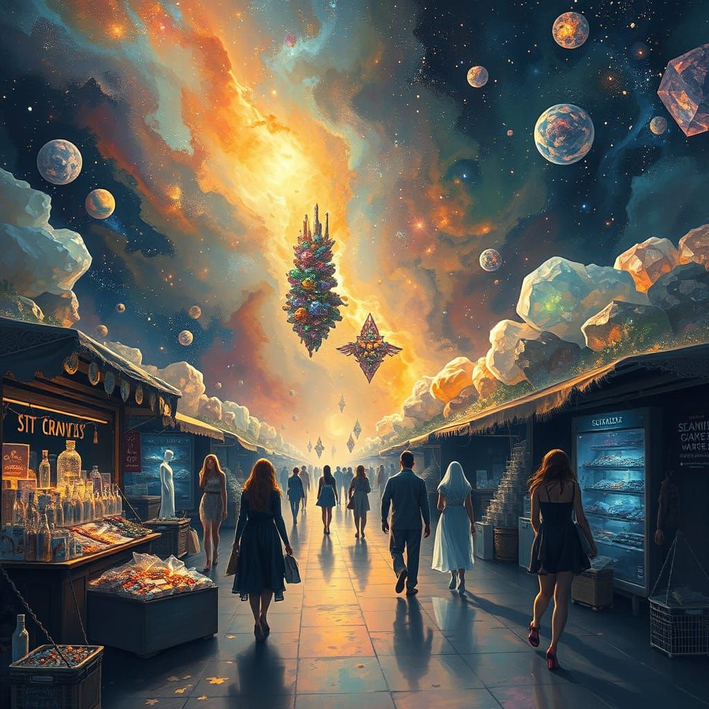 Nebula Market: A Zero-Gravity Celestial Scene