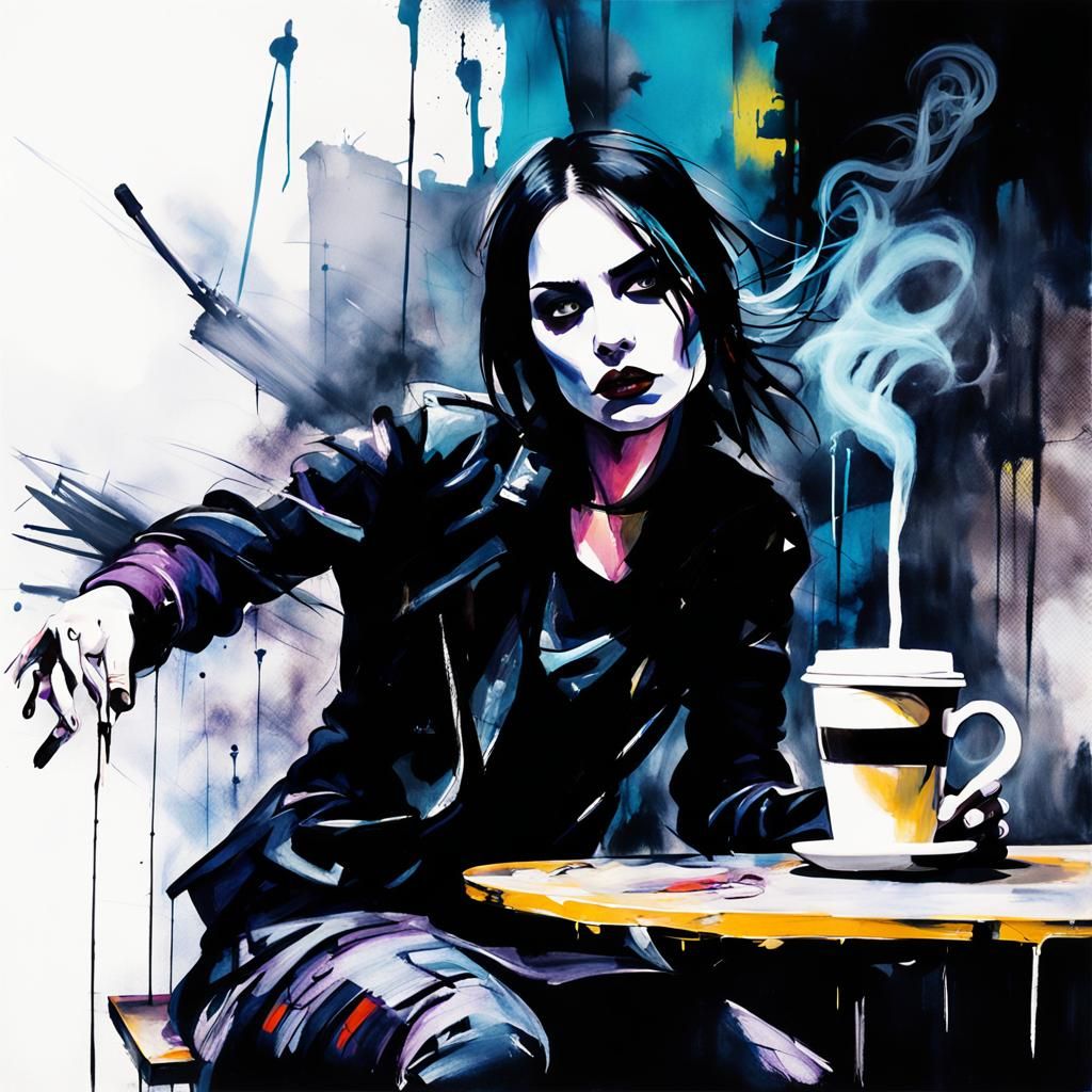 Expressive Goth Coffee Shop Scene in Moody, Textured Brushst...