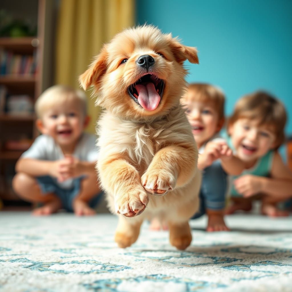 Joyful Childhood Friends Play with a Happy Jumping Puppy