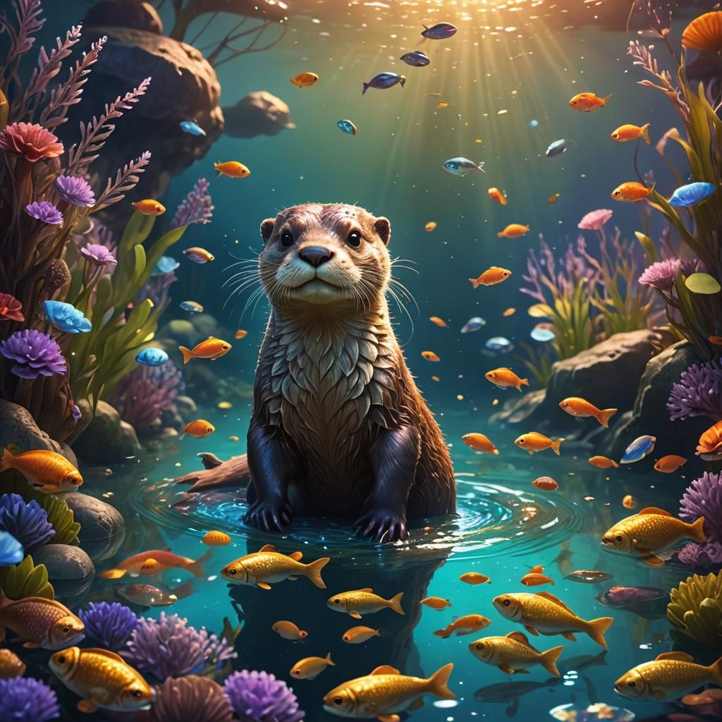 Whimsical Underwater Otter Scene in Fantasy Style