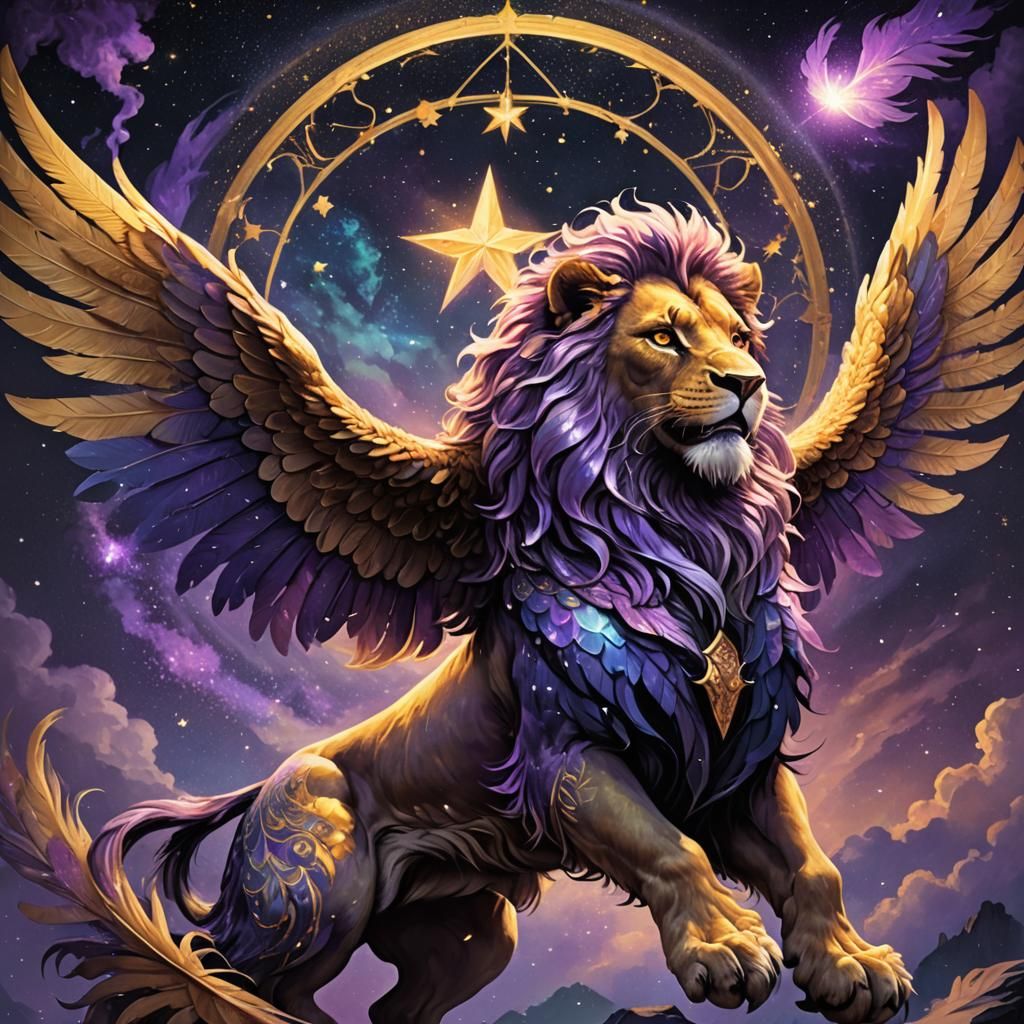 Winged Lion Dancing in Starry Dark Fantasy