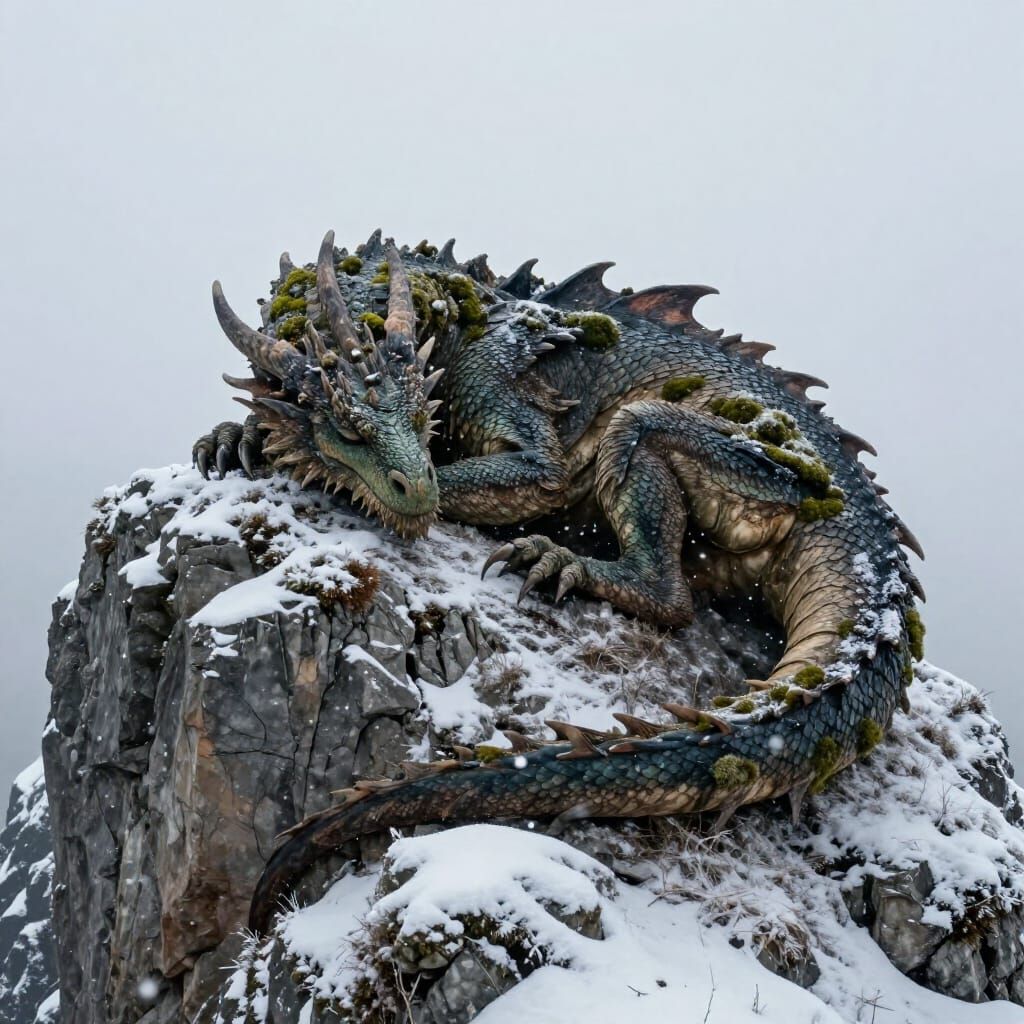 Ancient Dragon Slumbers on Snowy Mountain Peak