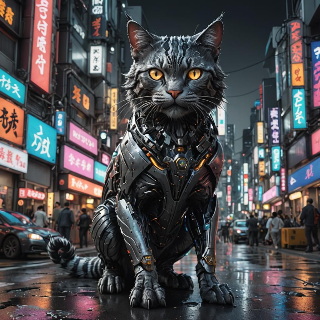 Metallic Cyber-Cat in Tokyo: 8k Digital Art