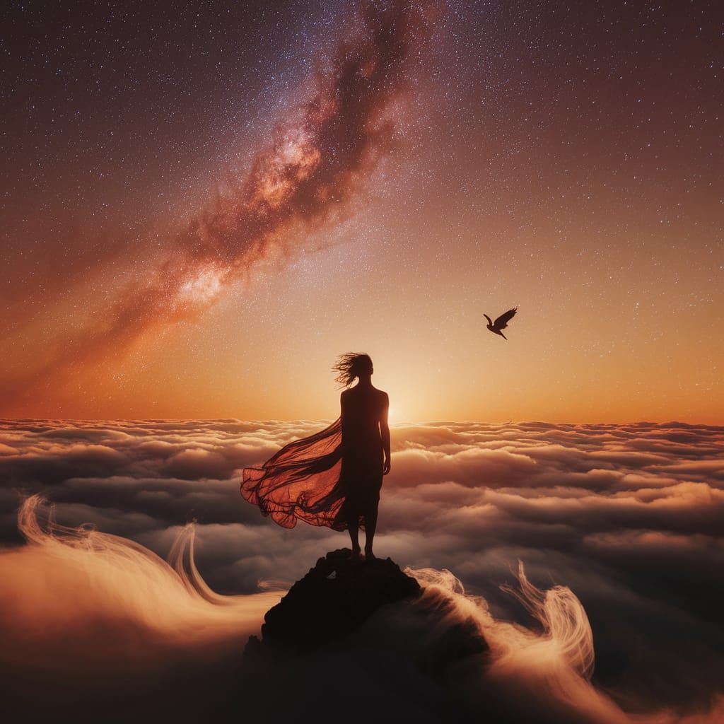 Solitary Figure at Edge of Starlit Clouds