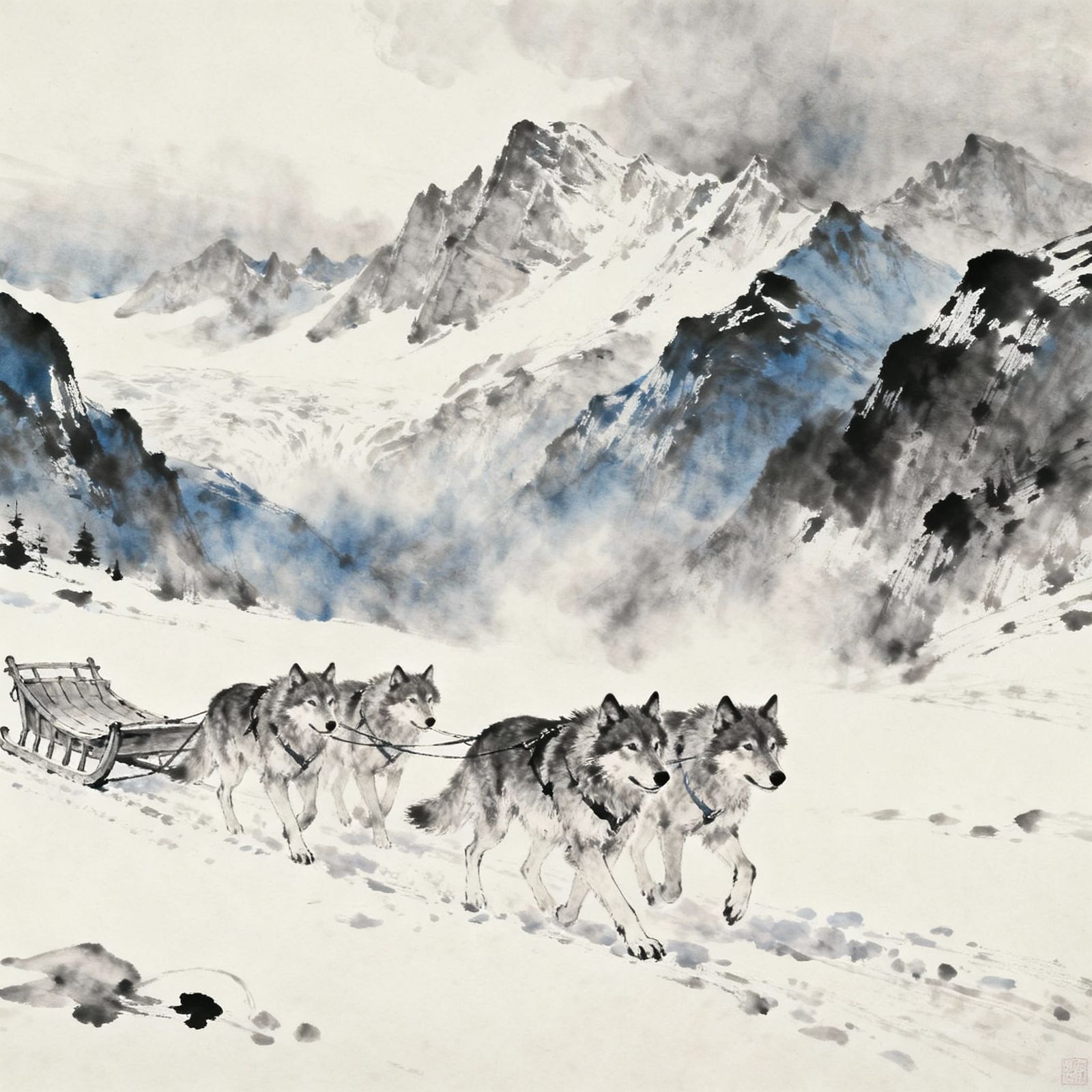 Wolves Pulling Sled in Yukon Mountains, European Ink Paintin...