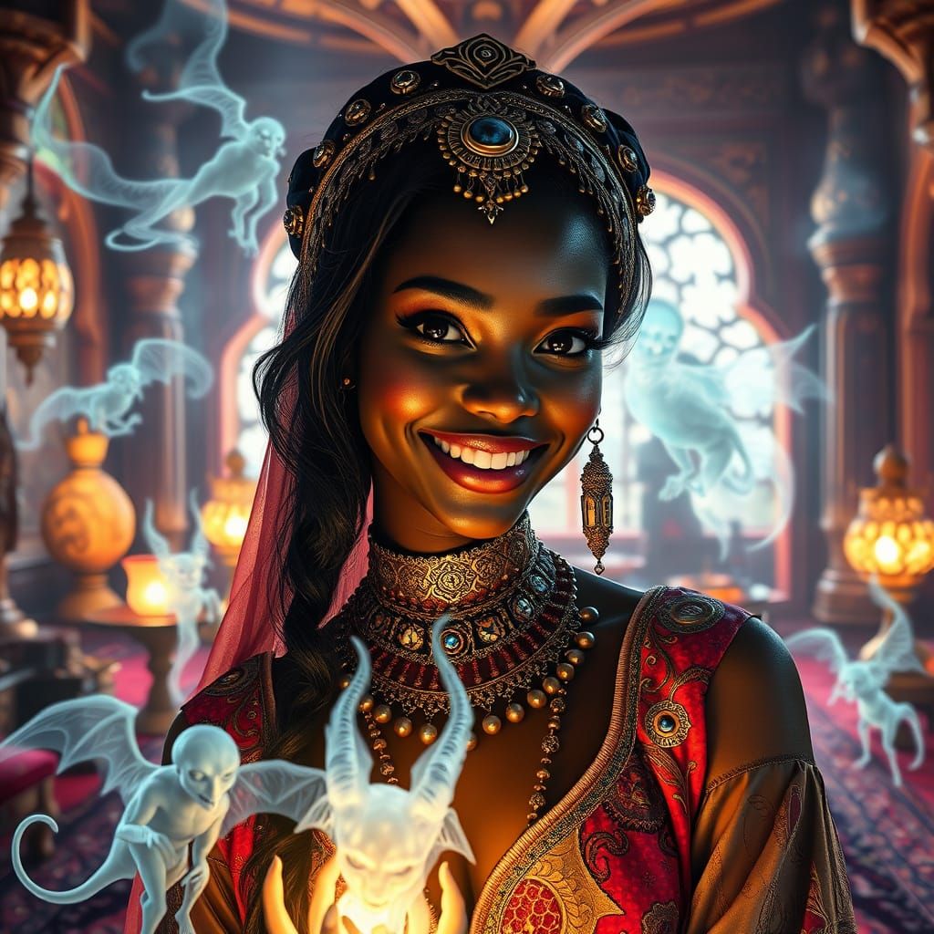 Futuristic Arabian Woman Surrounded by Djinns