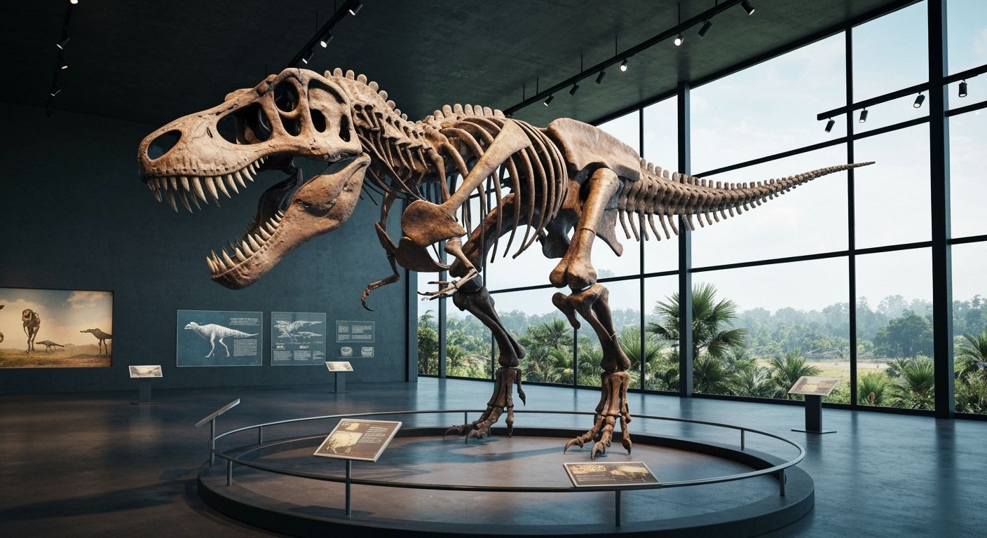 Photorealistic T-Rex Skeleton Display in Modern Museum