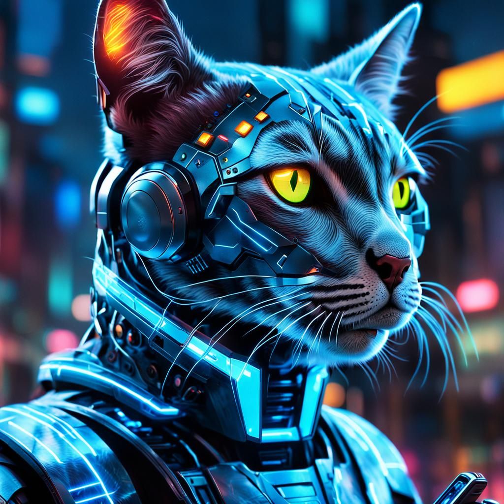 Cyberpunk Robot Cat Portrait with Neon Cityscape