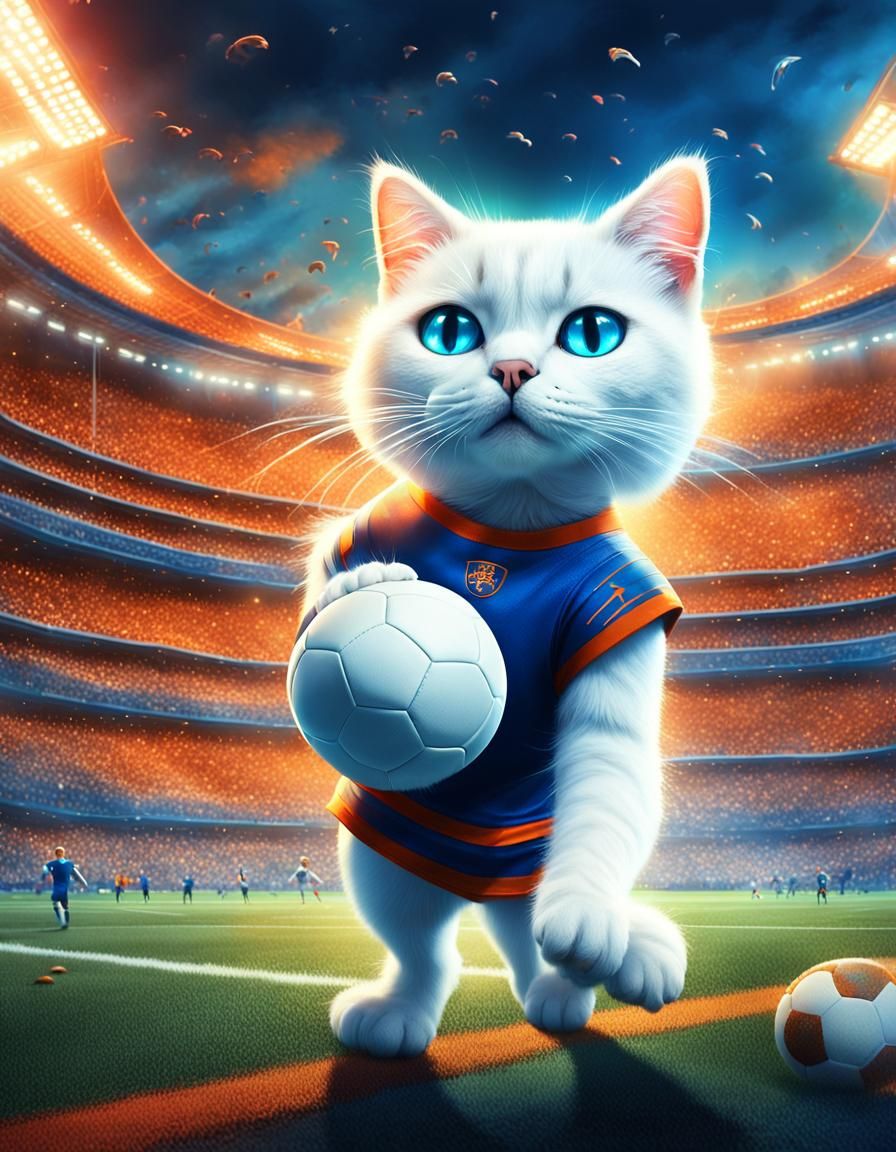 White Cat Kicks Football in Stadium: Fantasy Art