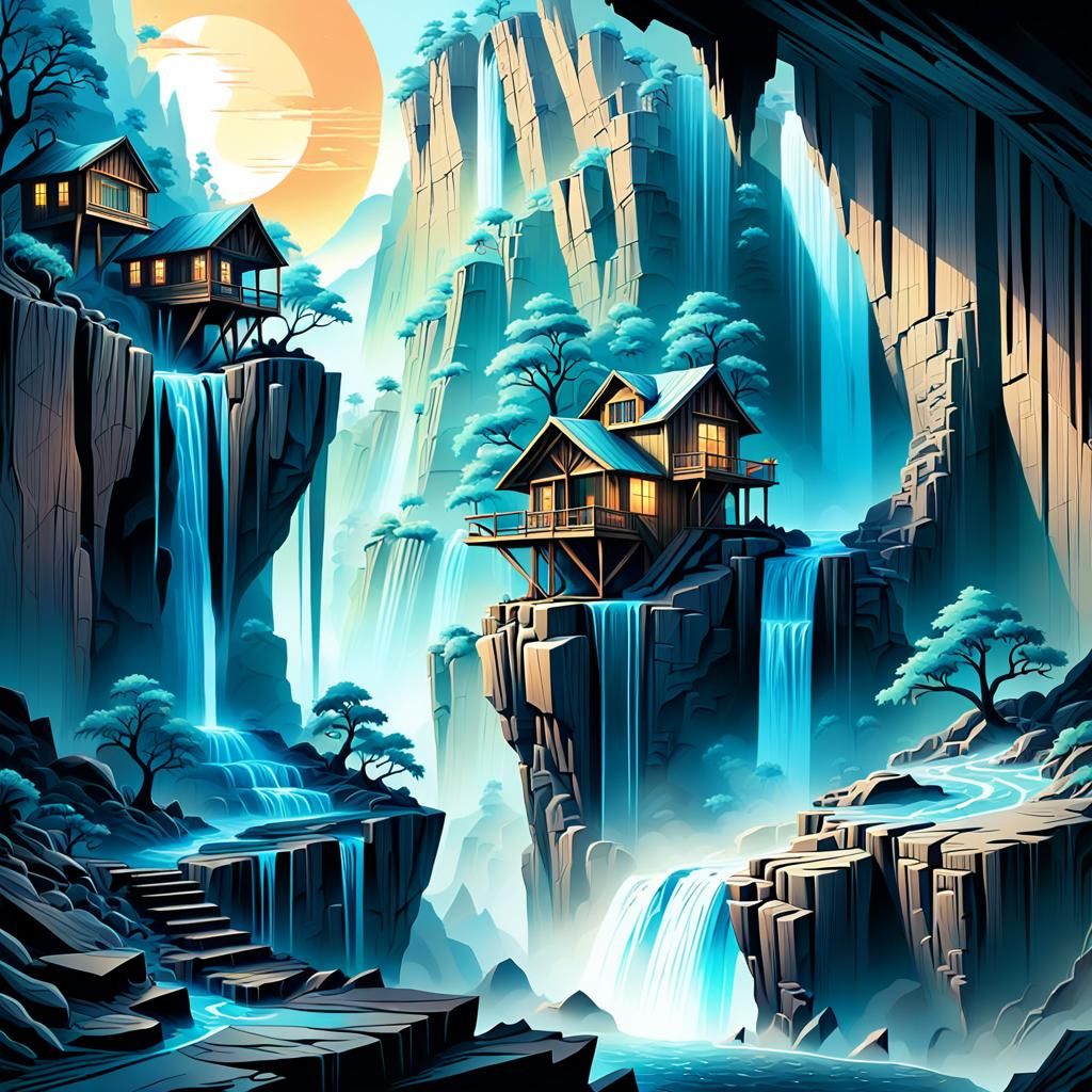 Abstract Fractal Waterfall and Cliffside Shack