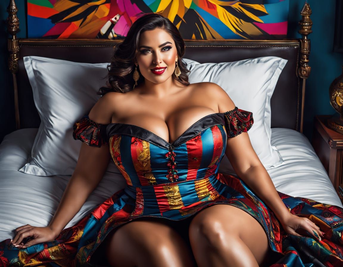 Curvy Woman in Low-Cut Dirndl Dress, Vivid Pop Art Colors