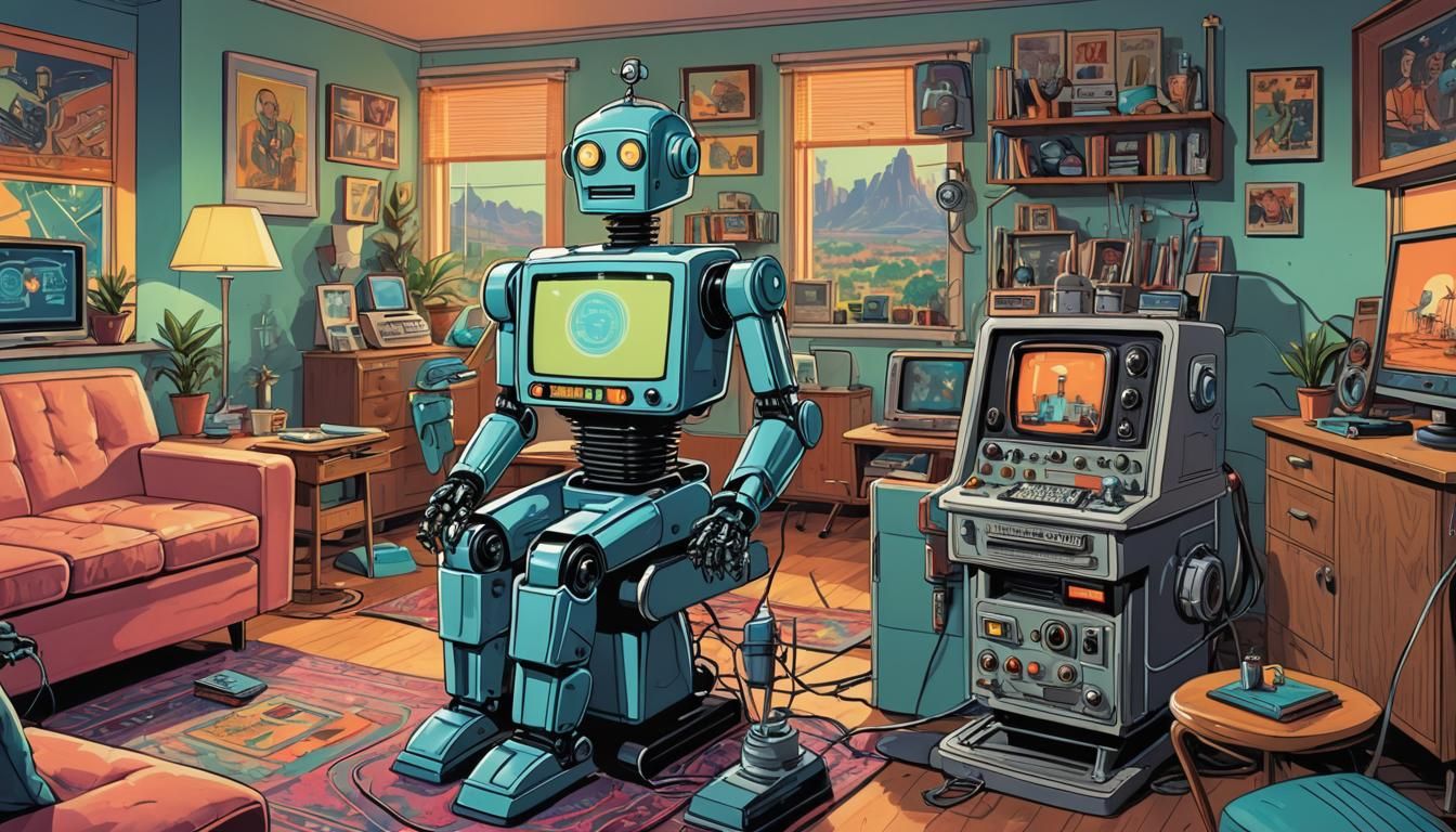 Robot Doctor on CRT Screen in Retro-Futuristic Comic Art