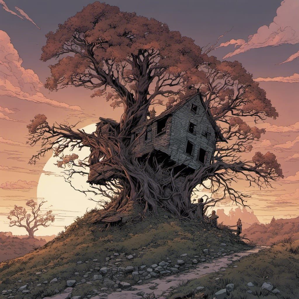 Eerie Hillside Ruins at Dusk in Comic Book Art