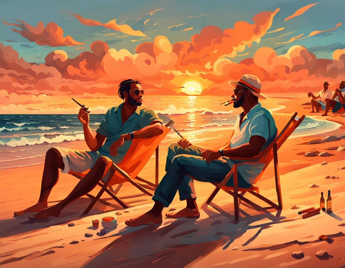 Men Smoking Cigars on Beach at Sunset