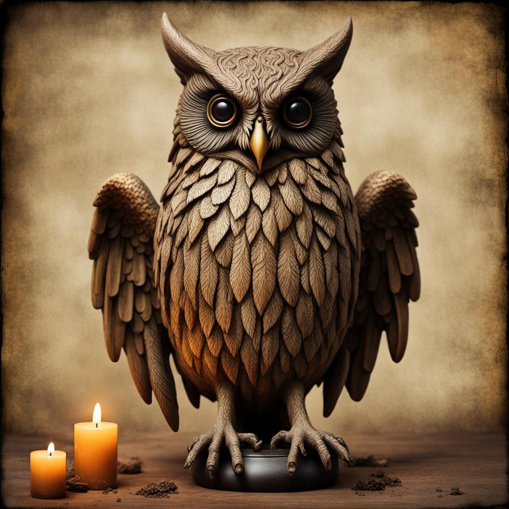 Magical Owl in Laboratory Surrounded by Grimoires