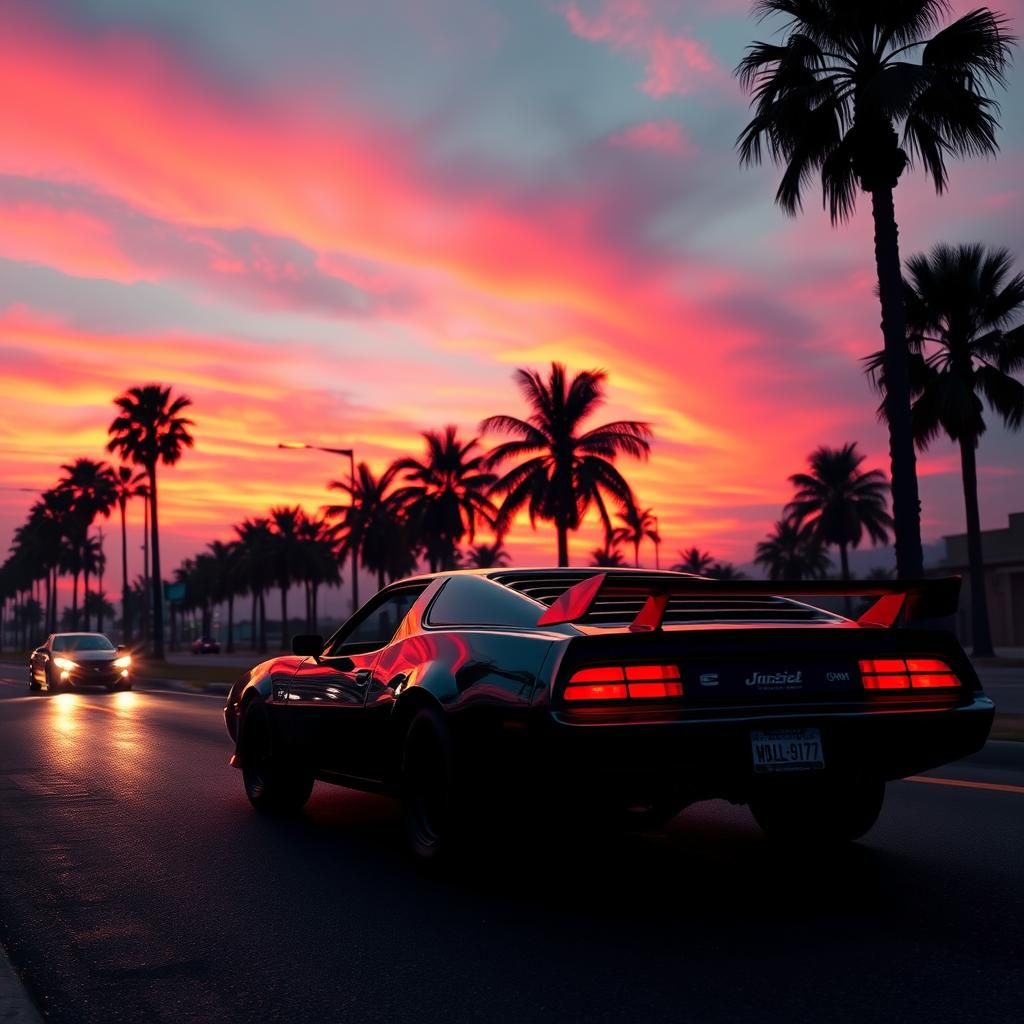 Synthwave Sunset with Palm Trees and Countach