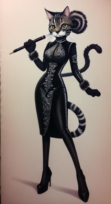 Anthropomorphic Cat Lady in Sharpie Drawing Style