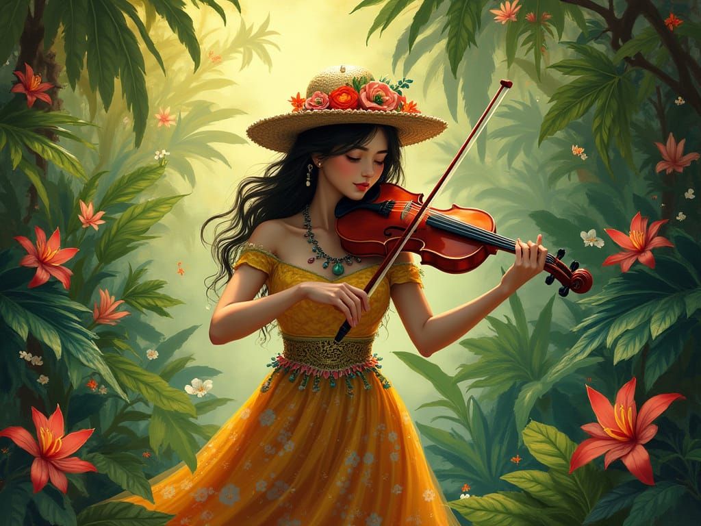 Vibrant Tropical Scene with Violinist and Exotic Flowers
