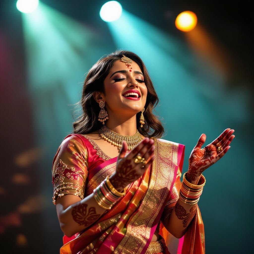 Indian Woman Sings Passionately on Stage