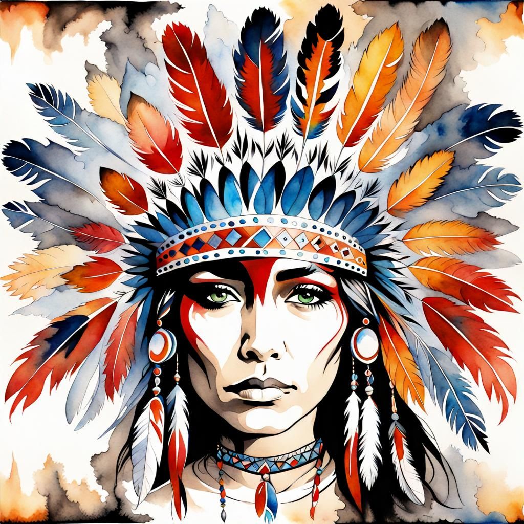 Fractal Elegance: Native American Headdress in Watercolor