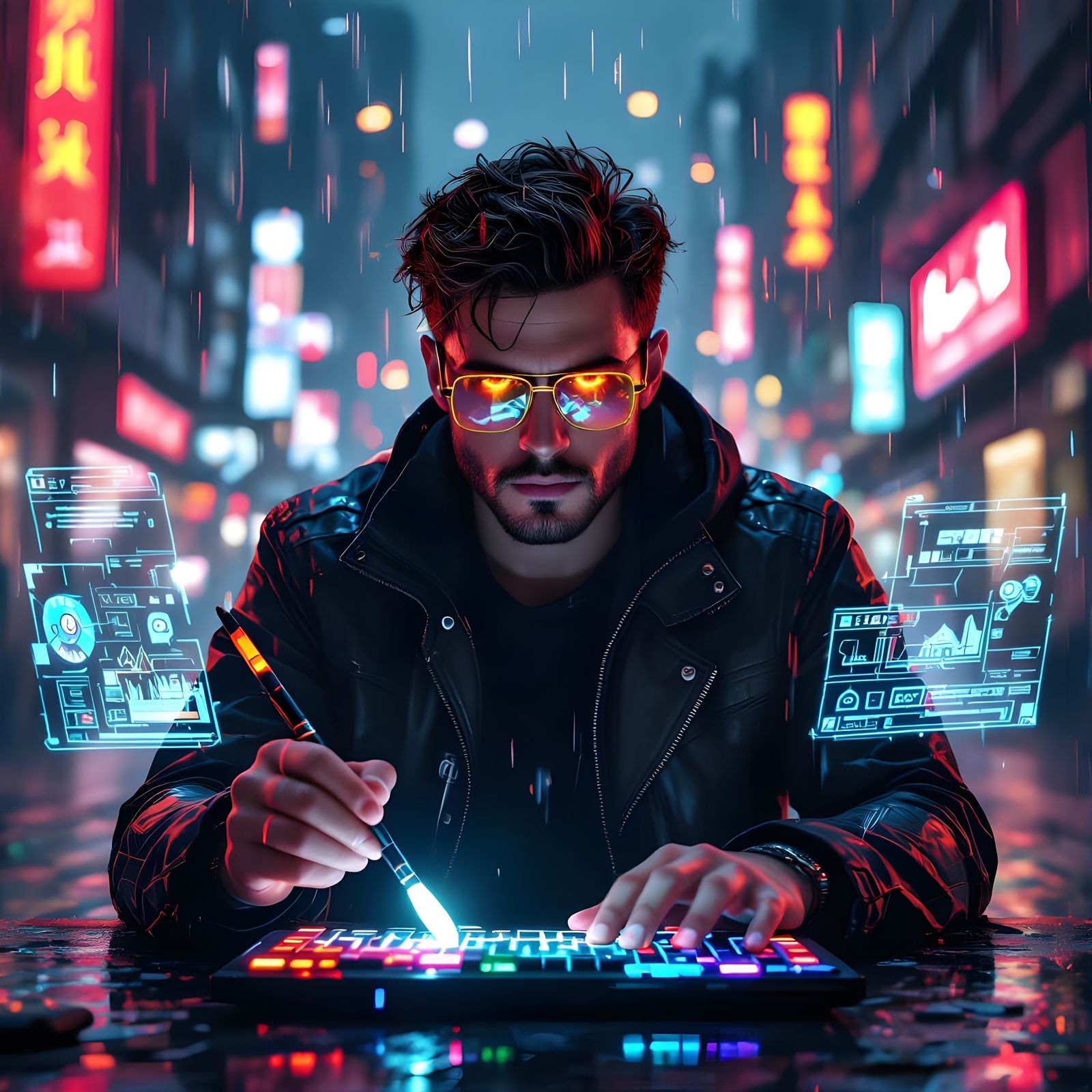 Cyberpunk Digital Artist Portrait with Neon Lights