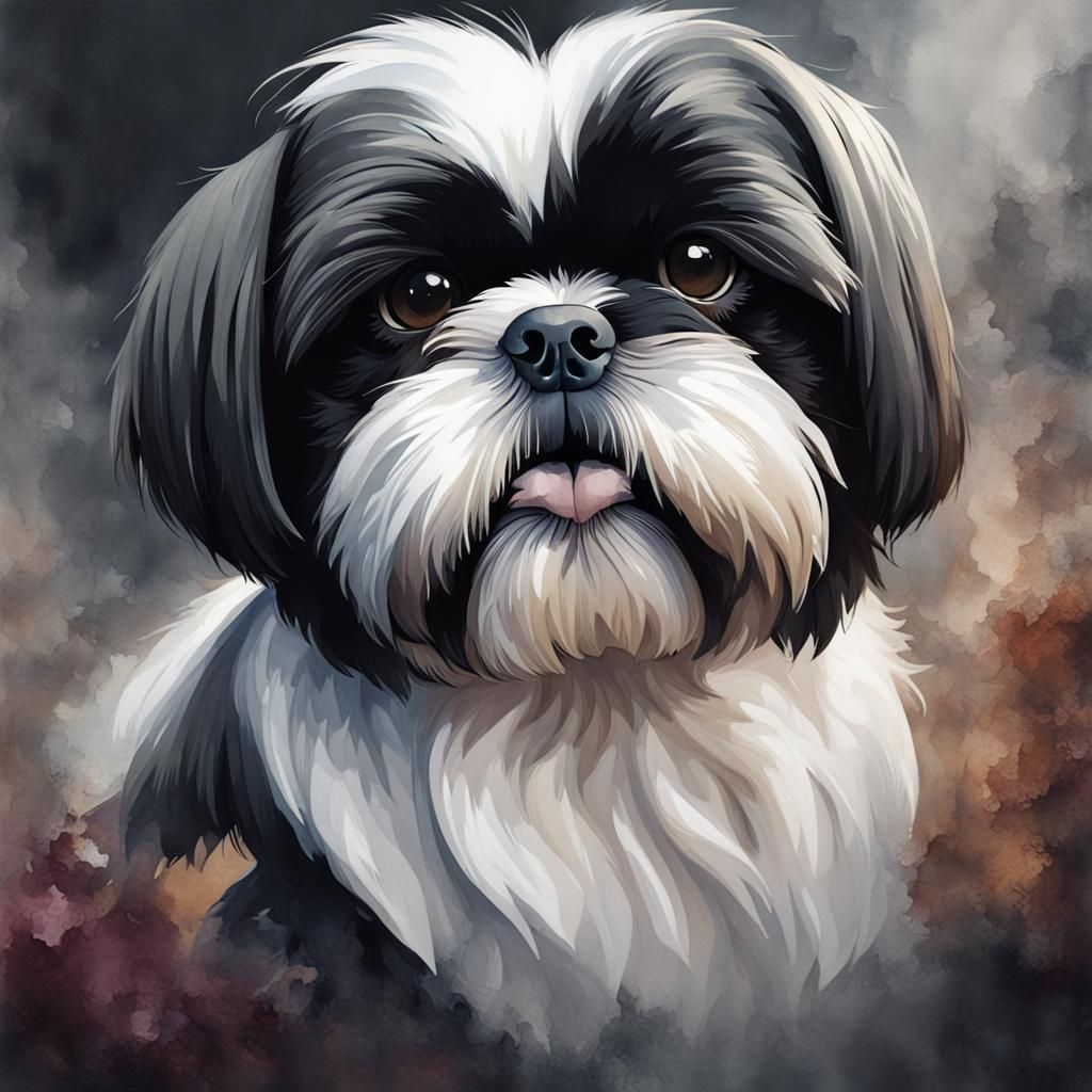 Detailed Watercolour Painting of Black and White Shih Tzu