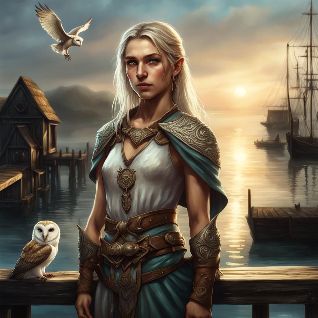 Sun Elf and Barn Owl on Dock, Fantasy Art